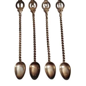 Antique 4 Pc Nickel Silver Coffee Spoon Twist Handle Numbered C.R. Carlstrom